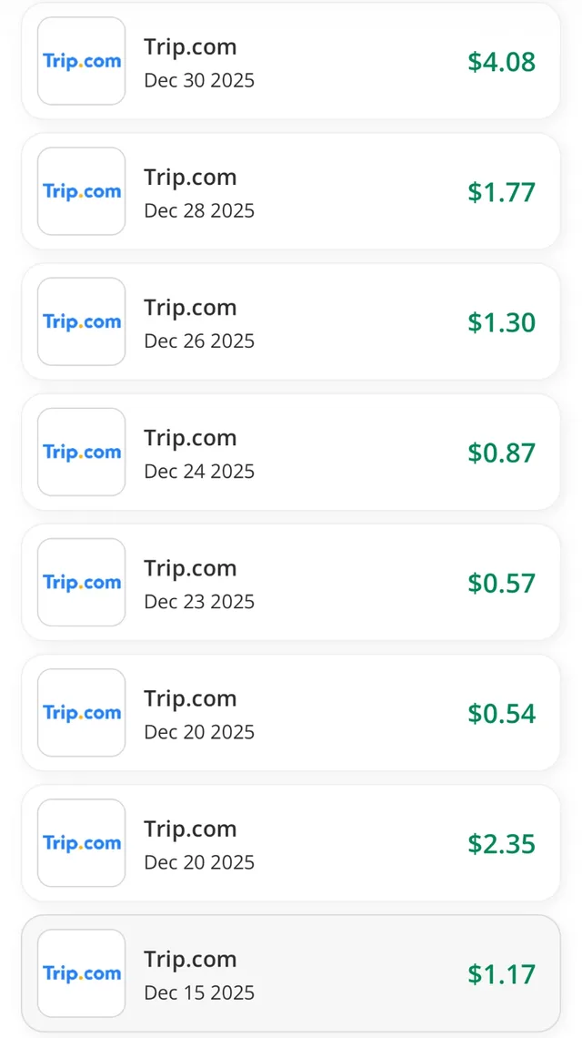 Extrato do TopCashback com oito lançamentos do Trip.com em dezembro de 2025, de US$ 0,54 a US$ 4,08 cada